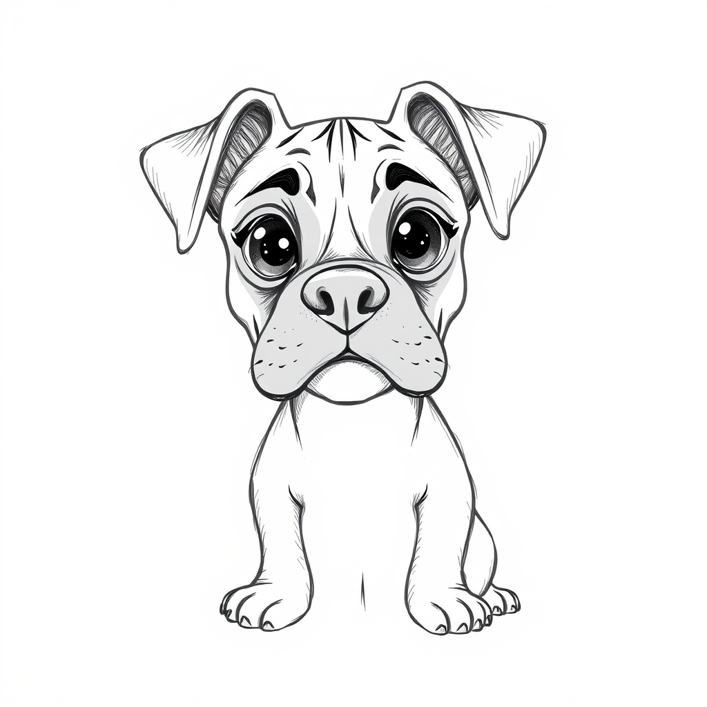 A doodle style pencil sketch illustration of a beautiful young Boxer dog, with large eyes and exaggerated facial features. White background