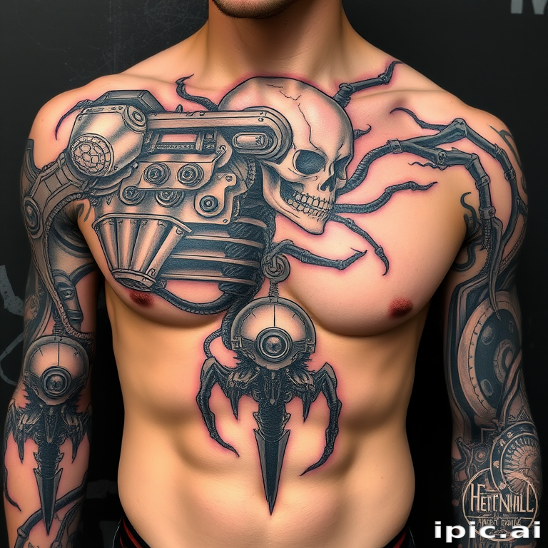 Biomechanical tattoo style known as "Cyborg Evolution" merging organic forms with mechanical components to create the illusion of exposed robotic parts beneath the skin