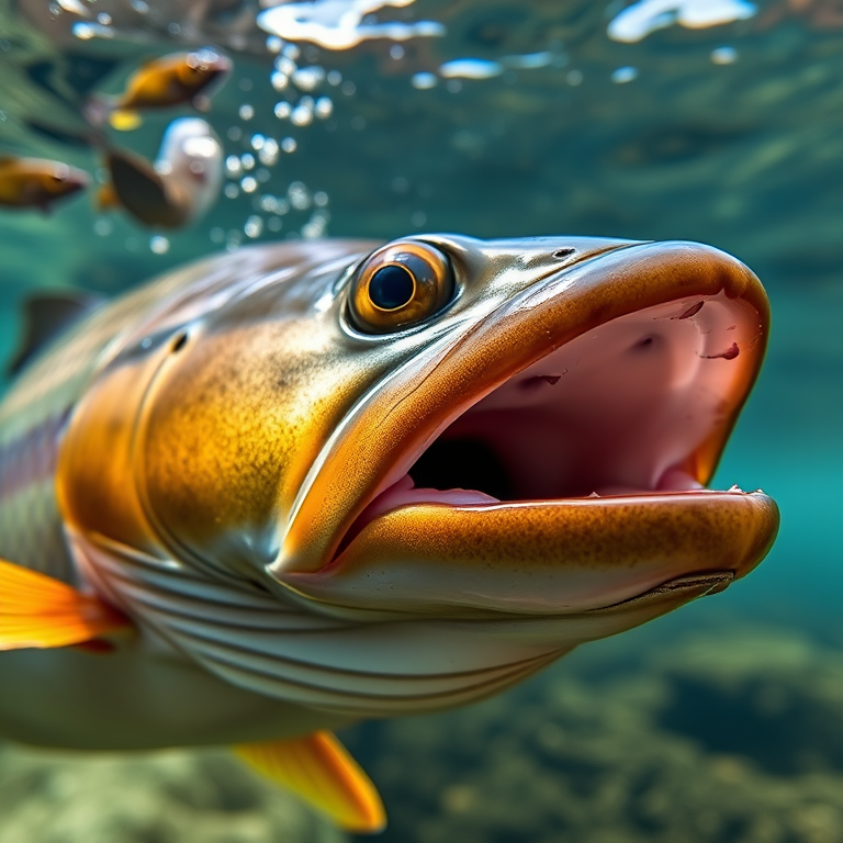 Underwater close-up of a trout with its mouth open, capturing intricate details of its scales and patterns, using a DSLR camera with a 100mm macro lens, aperture set to f/2.8, ISO 400, shutter speed 1/250s, natural lighting, and shallow depth of field for enhanced focus on the fish.
