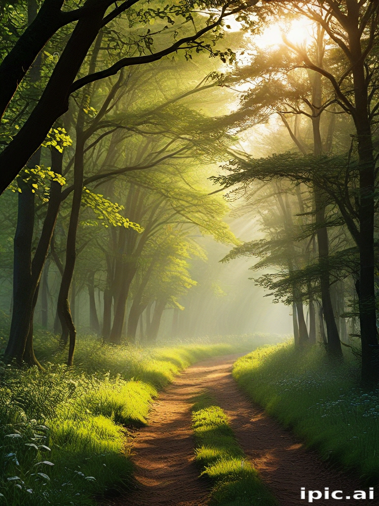 A Serene Path Through a Lush Green Forest Bathed in Golden Light