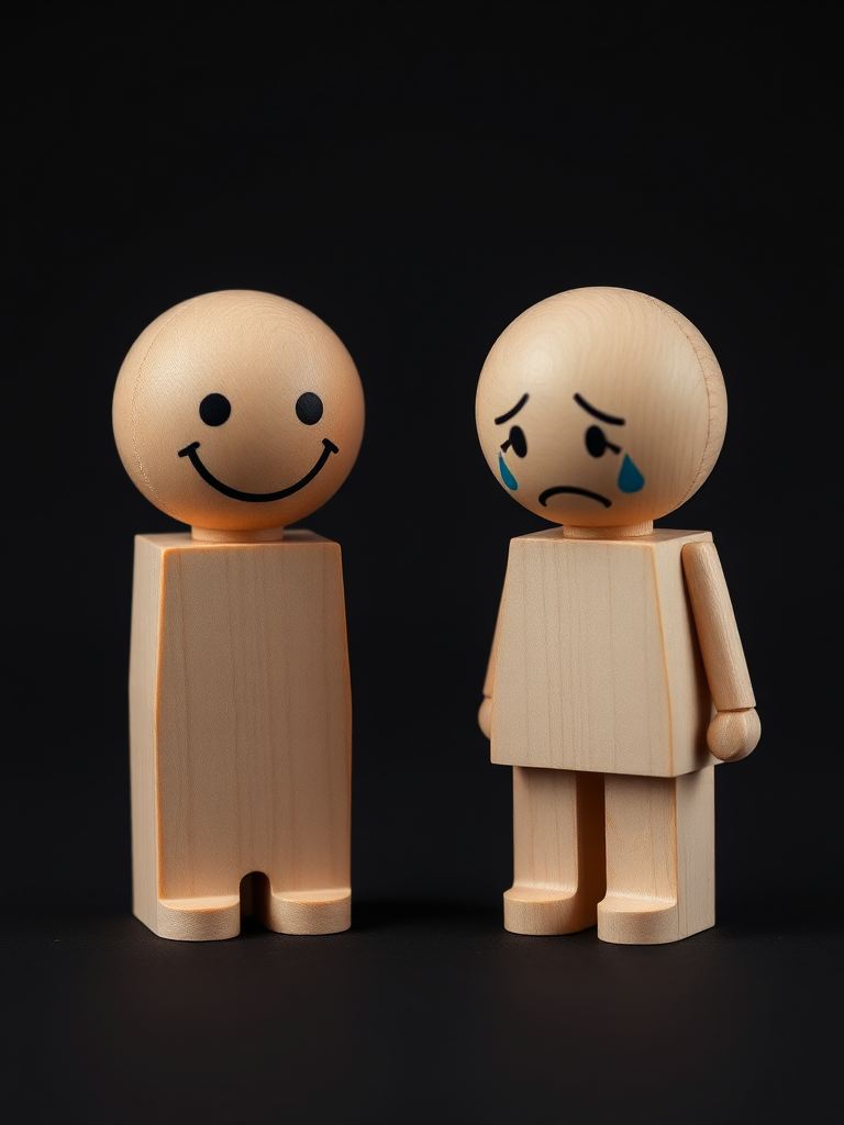 Create a high-resolution image of two wooden figurines on a black background, one expressing happiness with a smiling face and the other showing sadness with tears, shot with a Canon EOS R5 at f/2.8, ISO 100, and a 50mm lens, using soft studio lighting for enhanced details and clarity.