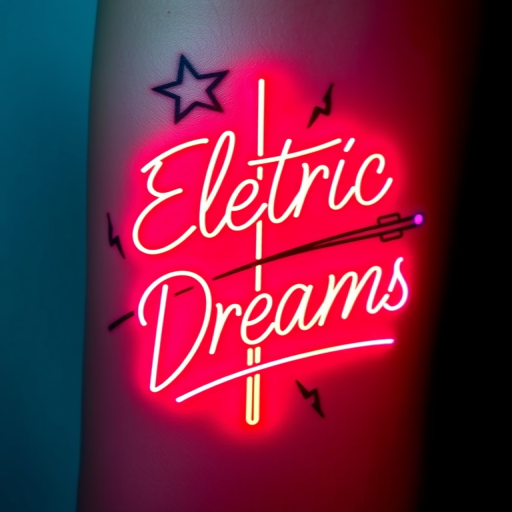 Neon sign inspired tattoo, "Electric Dreams," designed to mimic the look of glowing neon tubes with vibrant colors and a soft, illuminated effect, perfect for text-based designs or simple illustrations with a retro-futuristic vibe