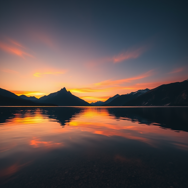 Generate a high-resolution image of a serene landscape featuring mountains and a lake during sunset, using a DSLR camera with a 24mm f/2.8 lens, ISO 100, shutter speed 1/250s, aperture f/8, in vibrant colors and sharp detail, shot from a low angle to capture reflections in the water.