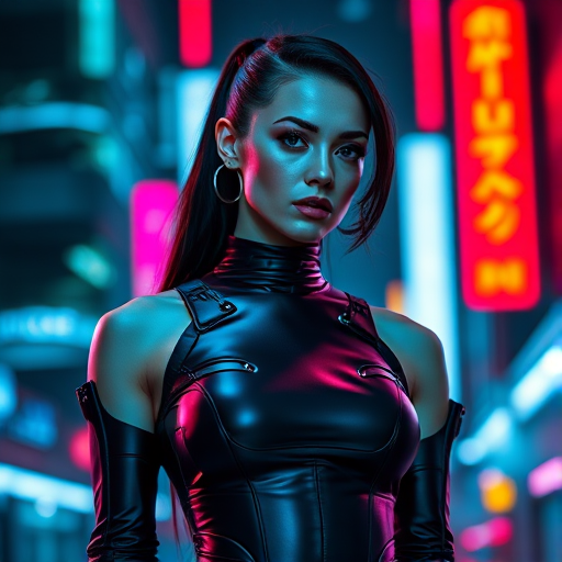 A futuristic cyberpunk woman in a sleek, form-fitting black outfit with neon accents, vibrant city lights in the background, shot with a Canon EOS R5, 35mm lens, f/1.8 aperture, ISO 100, 1/200 sec shutter speed, vibrant color grading, and dramatic lighting for enhanced detail and clarity.