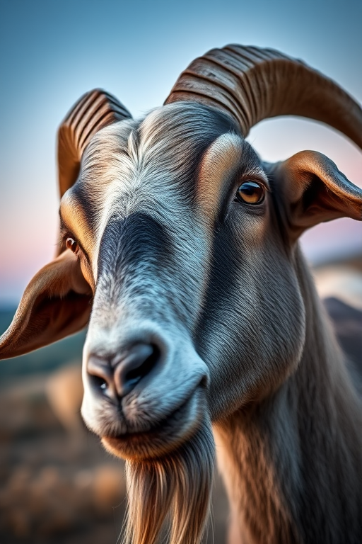 Close-up of a majestic goat with long curved horns, shot at dusk with a DSLR camera using a 50mm lens, aperture f/1.8, ISO 200, shallow depth of field for a blurred background, natural light for enhanced texture and detail.