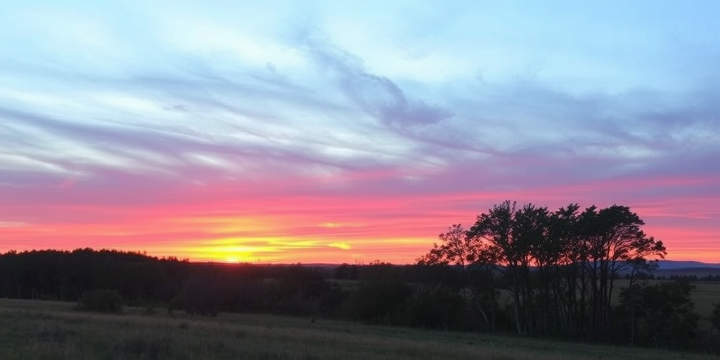 Prompt: Generate a high-resolution image of a serene landscape at sunset with vibrant colors, using a DSLR camera with a 50mm lens, f/1.8 aperture, ISO 100, shot in HDR mode, and at eye level for a natural perspective.
