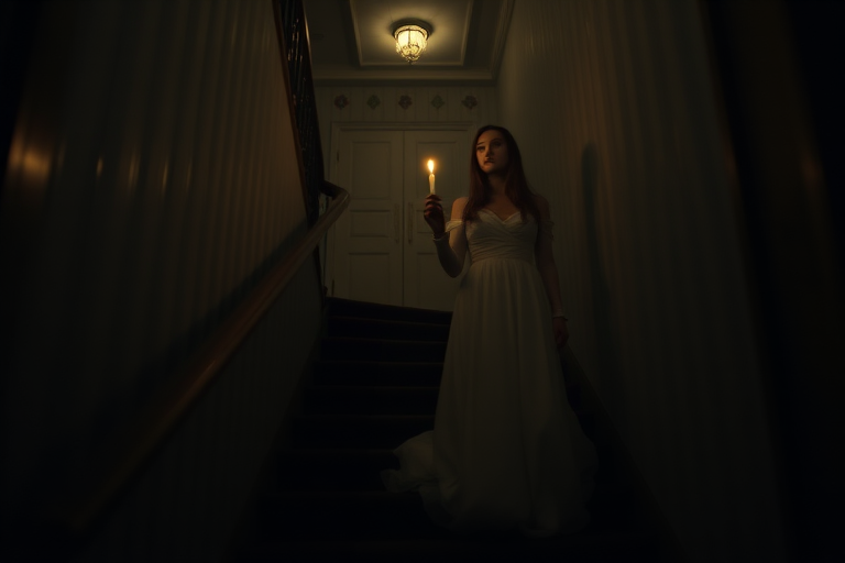 Create a hauntingly atmospheric image of a ghostly figure in a long white dress holding a flickering candle while descending a dimly lit staircase, captured with a DSLR camera, 50mm lens, f/1.8 aperture, ISO 100, shutter speed 1/60, using a low-angle shot and soft focus for an ethereal quality.