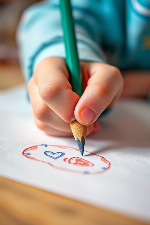 Capture a close-up of a child's hand drawing with a colored pencil on white paper, f/2.8 aperture, 50mm lens, natural light, shallow depth of field, DSLR camera.
