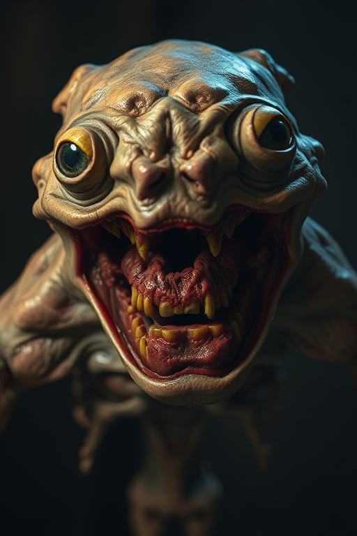 A grotesque creature with exposed innards and multiple eyes, set in a dimly lit environment, captured with a Canon EOS R5, 50mm f/1.2 lens, ISO 100, shutter speed 1/200s, with dramatic shadows and high contrast for enhanced details.