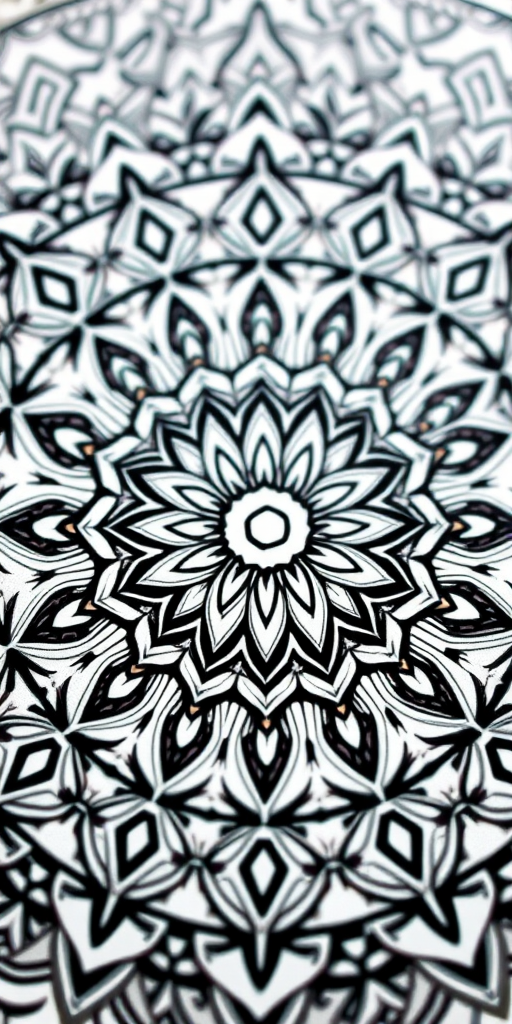 Create a detailed mandala design with intricate patterns and sharp lines, capturing the symmetry and complexity in a high-resolution format, using a DSLR camera with a 50mm lens, aperture set to f/1.8, ISO 100, and in macro mode for enhanced clarity.