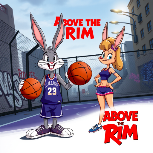 Design an Above the Rim poster featuring Bugs Bunny as Kyle and Lola Bunny as Shep. Bugs is dressed in a basketball jersey and shorts, holding a basketball with a confident expression, while Lola stands beside him in athletic gear, looking determined. The background features an urban basketball court with a wire fence, streetlights, and graffiti. The title "Above the Rim" appears in bold red letters at the top, keeping the original street basketball vibe
