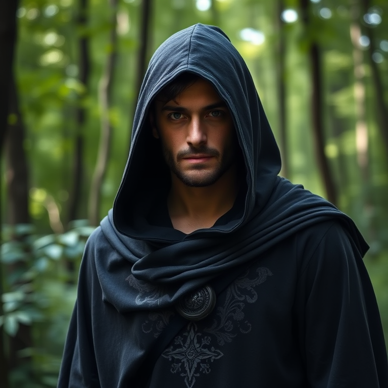 Portrait of a hooded man wearing a dark cloak with ornate details, standing in a lush green forest, soft natural light, shallow depth of field, DSLR camera, 50mm lens, f/1.8 aperture, ISO 100, capture in RAW format.