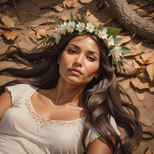 create a watercolor painting of an ethereal portrait of beautiful Native American woman with a simple white flower crown on her head. Her hair is long and she is lying on the ground. The sunlight on the trees casts shadows from the leaves on her face and body. The background is a neutral brown color that matches her skin tone. The image is minimalist and solid colors. This style is characterized by soft, delicate brushstrokes and a light, airy, contrasting color palette. High level of detail and play of light