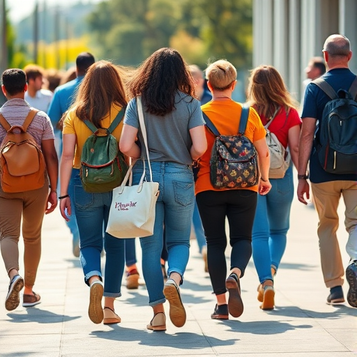 Create an image of a diverse group of people walking away, each carrying a bag, in a vibrant, colorful style with a focus on motion, captured using a DSLR camera with a 50mm lens, f/1.8 aperture, ISO 200, and natural lighting to enhance detail and depth.