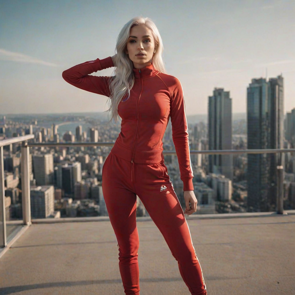 hourglass body shape, a realistic photo of a woman wearing red tracksuit posing seductively, beautiful horizon of the city in the background, sun, reflections, white hair