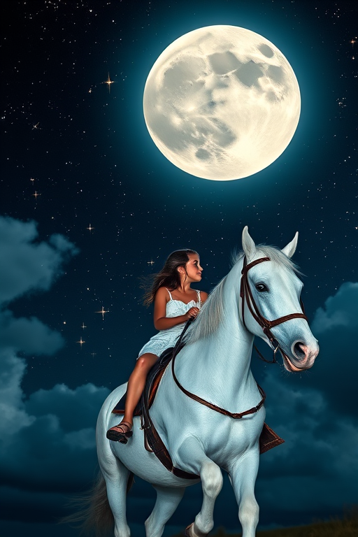 A girl riding a white horse through a starry night sky with a large glowing moon, surrounded by clouds and subtle lighting, captured with a Canon EOS R5, 50mm lens at f/1.8, ISO 200, using a long exposure for enhanced detail and vibrancy.
