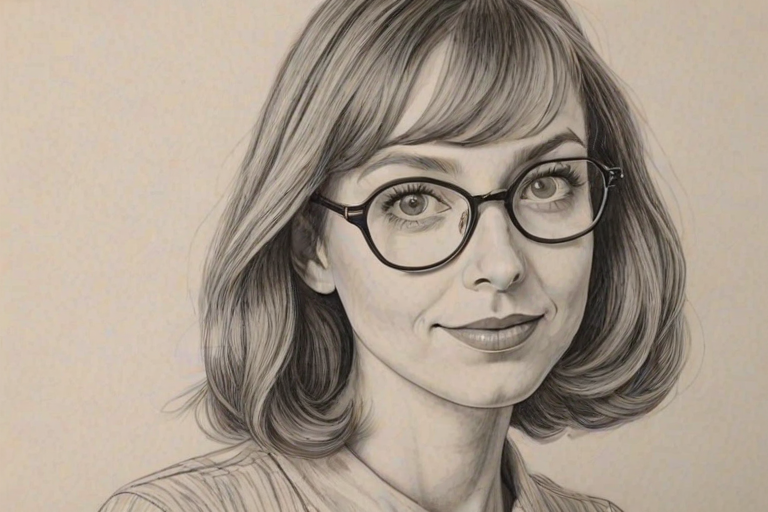 Lovely Lauren Lapkus, pencil sketch, portrait of Graceful woman 1961s in glasses, hair style beatnik, outline, clear lines, fine lines, 8k