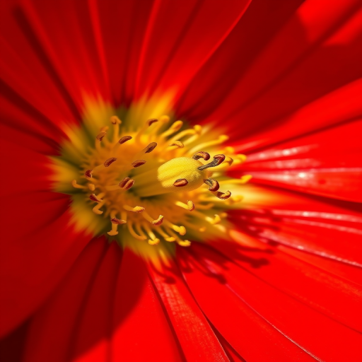 create a high-resolution illustration of a vibrant red flower with a detailed yellow center, using a macro lens at f/2.8 aperture, ISO 100, with soft natural lighting for enhanced color saturation and depth, in a digital art style.