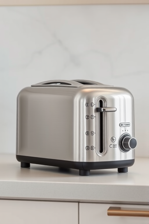 Create a high-resolution image of a modern silver toaster on a simple kitchen counter, using a DSLR camera with a focal length of 50mm, aperture set to f/2.8 for a shallow depth of field, shot from a slightly elevated angle to highlight the toaster's design and texture.