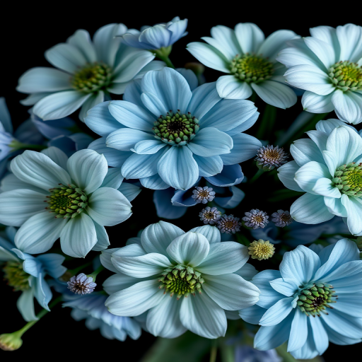 create a high-resolution floral arrangement featuring soft blue and muted green tones on a black background, using a macro lens with f/2.8 aperture, 50mm focal length, and natural light to enhance textures and colors.