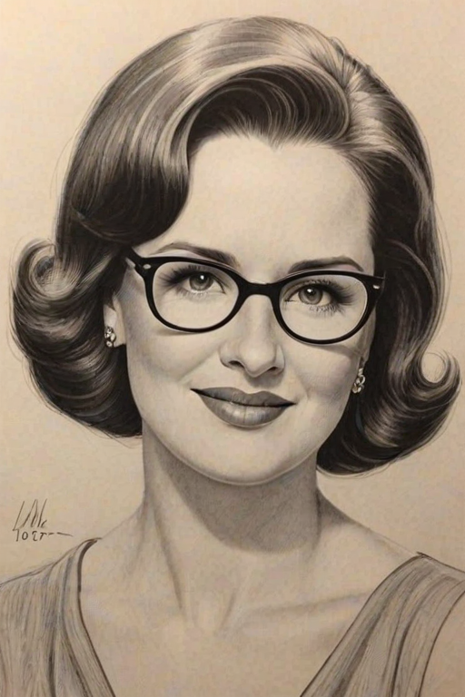 Gorgeous Phyllis Smith, pencil sketch, portrait of Ravishing woman 1950s in glasses, hair style beatnik, outline, clear lines, fine lines, 8k