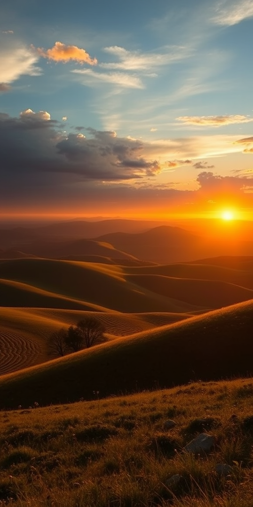 Create a high-resolution image of a serene landscape featuring rolling hills and a sunset in the background, shot with a Canon EOS R5 at f/8, ISO 100, 1/200 sec, using a wide-angle lens and golden hour lighting to enhance color vibrancy.