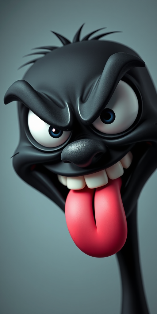 Create a cartoon-style image of a mischievous black face with exaggerated angry eyes and a long pink tongue sticking out, using a Canon EOS R5 camera with a 50mm lens, f/1.8 aperture, ISO 100, 1/200 sec shutter speed, and a soft focus background to enhance image quality.