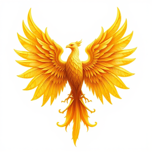 Regenerate the image of a golden phoenix with intricate wing patterns, use a DSLR camera, 50mm lens, f/1.8 aperture, ISO 100, captured from a frontal view with high saturation and contrast for enhanced clarity and detail.