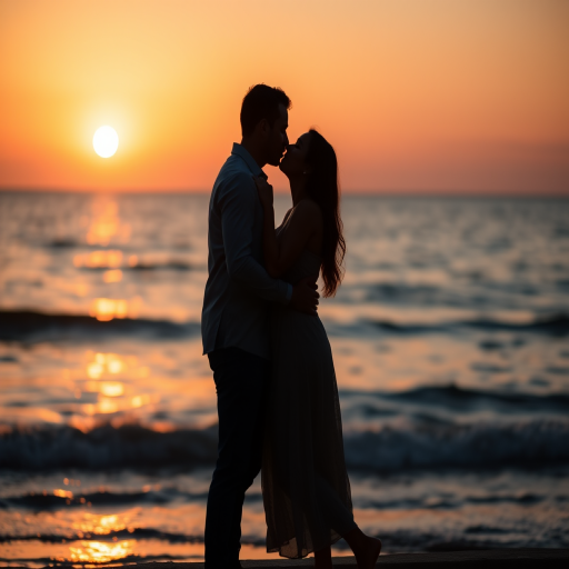 Create a romantic sunset silhouette of a couple kissing by the ocean, with a lone figure in the foreground, using a DSLR camera with a 50mm lens, f/1.8 aperture, ISO 100, and a slow shutter speed to capture motion blur in the water, shot at golden hour to enhance warm tones.