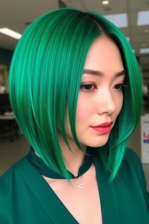 Bold emerald green bob cut dubbed "Jade Empress" featuring blunt ends, sleek straight texture, deep side part with long side-swept bangs, vibrant teal undertones peeking through, high-shine finish for a polished look