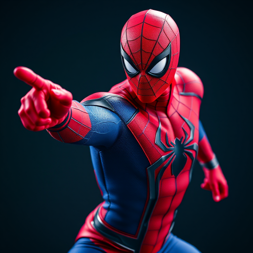 Generate an image of a superhero in a vibrant red and blue suit with a spider emblem, striking a dynamic pose, using a high-resolution DSLR camera at f/2.8, ISO 100, 50mm lens, with a shallow depth of field, in a studio lighting setup, capturing intricate details and textures of the costume.