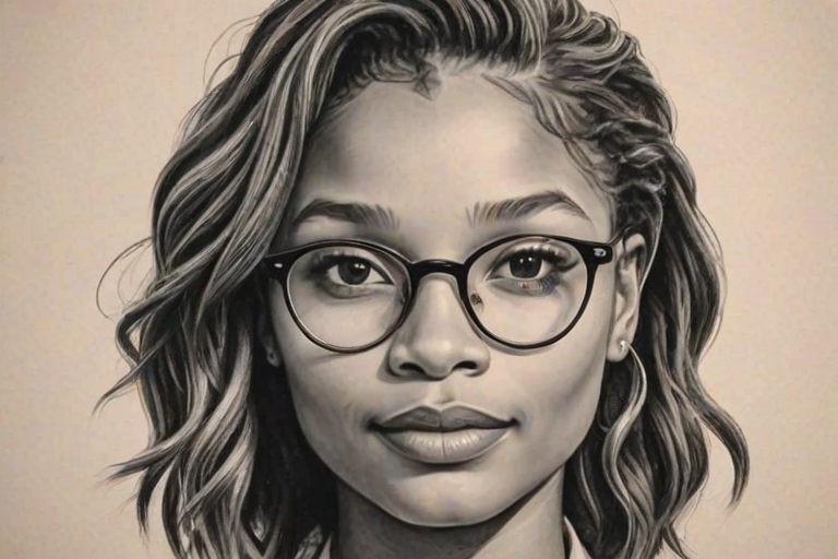 Superb Halle Bailey, pencil sketch, portrait of Appealing woman 1947s in glasses, hair style beatnik, outline, clear lines, fine lines, 8k