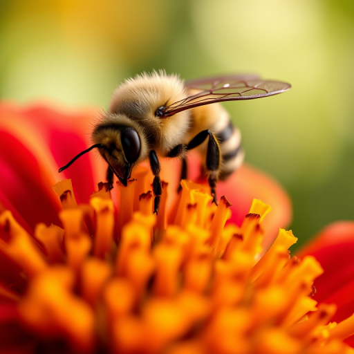 Close-up of a bee on a vibrant red and yellow flower, shallow depth of field, natural lighting, macro lens, f/2.8 aperture, 100mm lens, ISO 200, captured with a DSLR camera.