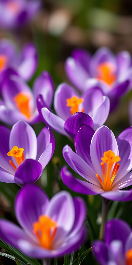 Close-up of vibrant purple crocuses in full bloom, shallow depth of field, f/2.8 aperture, 50mm lens, macro photography, natural light, DSLR camera, high resolution, focus on the vibrant orange stamens.