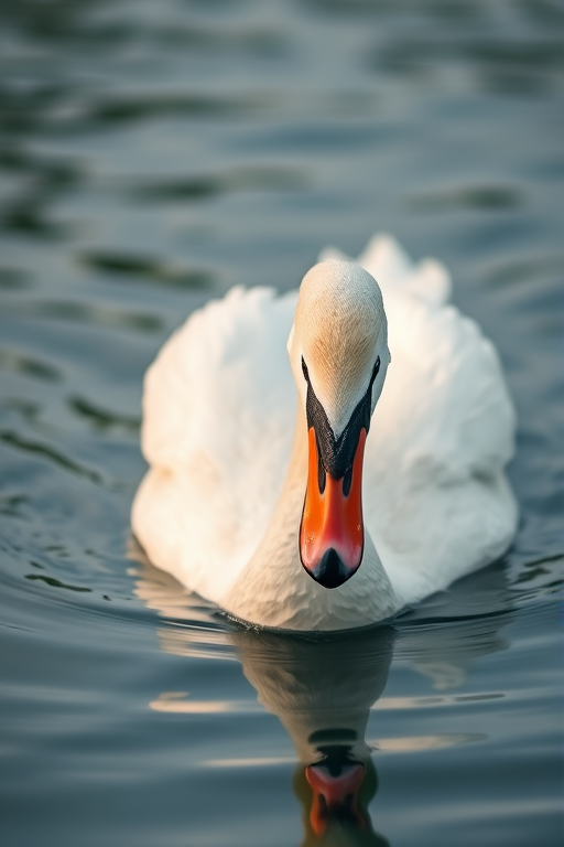 Capture a close-up image of a swan gracefully swimming in calm water using a DSLR camera with a 50mm lens, aperture set to f/1.8 for a shallow depth of field, ISO 100 for clarity, and a shutter speed of 1/200s to freeze motion, with a soft focus background to enhance the subject.