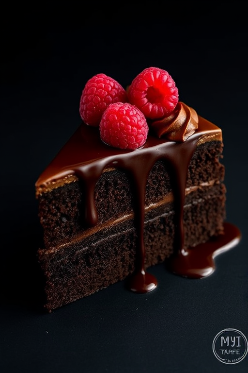 A delicious slice of chocolate cake with rich chocolate frosting drizzled with chocolate sauce topped with fresh raspberries on a dark background.