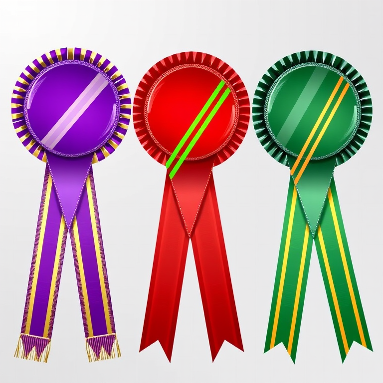 Create an image of three award ribbons in a row featuring a purple ribbon with golden stripes, a red ribbon with green stripes, and a green ribbon with golden stripes against a transparent background, use high-resolution settings with a digital camera, aperture set to f/2.8, ISO 100, and a wide-angle lens for a clear and detailed view.