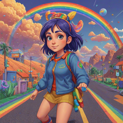 (VGA graphics, 256 colors, digitized), lcas artstyle, 1girl, (detailed facial features), super cute, adorable, Rainbow Road, <lora:Lucasarts Artstyle - (Trigger is lcas artstyle):1>
