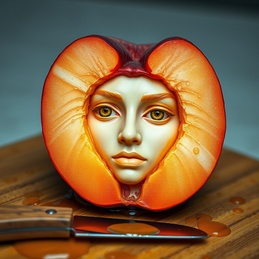 A hyperdetailed photorealistic macro color saturated high resolution image of a peach cut in half, with the peach pit being a highly detailed sculpted woman's face with her eyes open and peach-colored irises. The face has a marble texture. The image includes condensation, moisture, and peach juice. The peach is on a wooden cutting board with a small fruit knife nearby, also covered with juice.