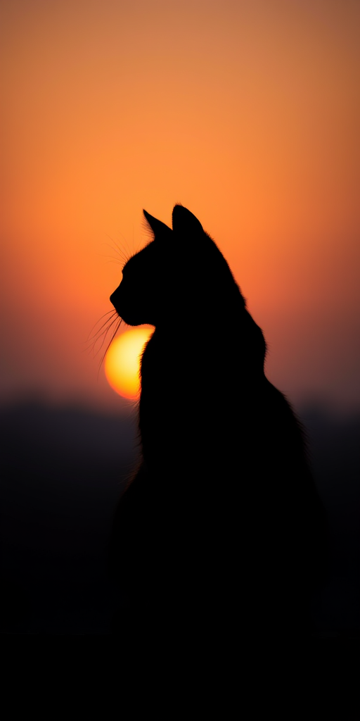 Create a high-resolution image of a silhouette of a cat sitting gracefully with a sunset in the background, using a Canon EOS R5 with a 50mm lens, aperture f/1.8, ISO 100, shutter speed 1/200 sec, shot in natural light from a low angle for dramatic effect.