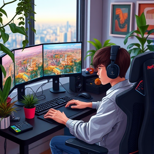 Create a detailed illustration of a young person working at a modern gaming desk filled with high-tech equipment and plants, with multiple monitors displaying vibrant cityscapes, in low natural light, shot with a DSLR camera at f/2.8, ISO 100, 35mm lens, with soft focus and warm color grading.