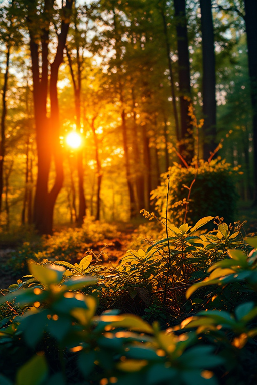 Create a high-resolution illustration of a vibrant forest scene during sunset with golden light filtering through the trees, using a DSLR camera with a 50mm lens at f/1.8, ISO 200, and a shallow depth of field to enhance the bokeh effect, capturing the intricate details of leaves and underbrush from a low angle.
