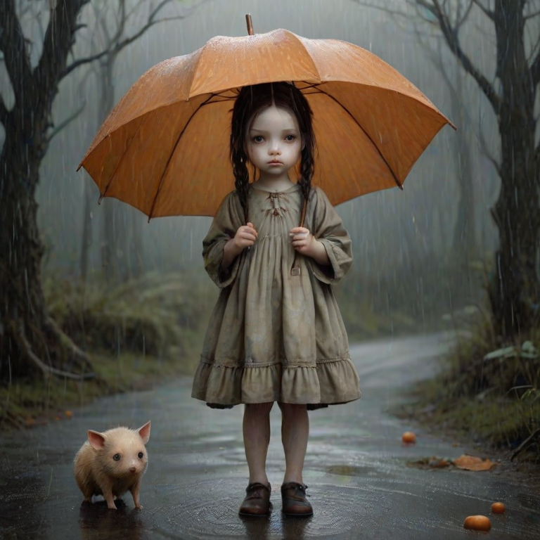 An eerie, weird little girl with dark hair in thin pigtails, wearing a smock dress, standing in the rain, holding a dirty orange umbrella, a small, odd creature beside her. In a surreal style inspired by Nicoletta Ceccoli and Brian Froud. Dark fantasy themes