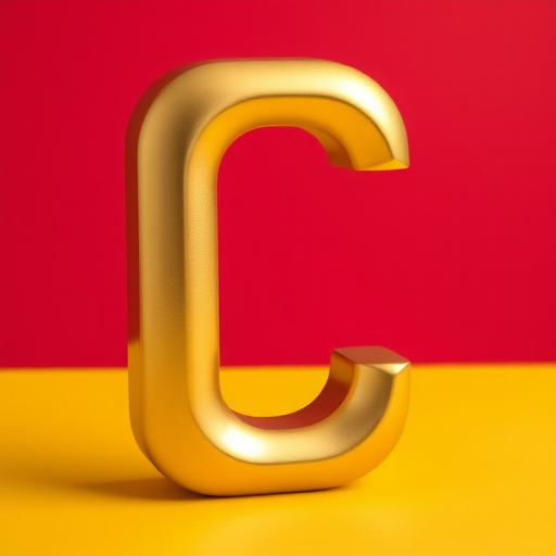 Create a high-resolution image of a metallic golden letter "L" with a smooth reflective surface on a vibrant red and yellow background, using an aperture of f/2.8, ISO 100, and a 50mm lens in a portrait orientation with soft lighting to enhance details and depth.