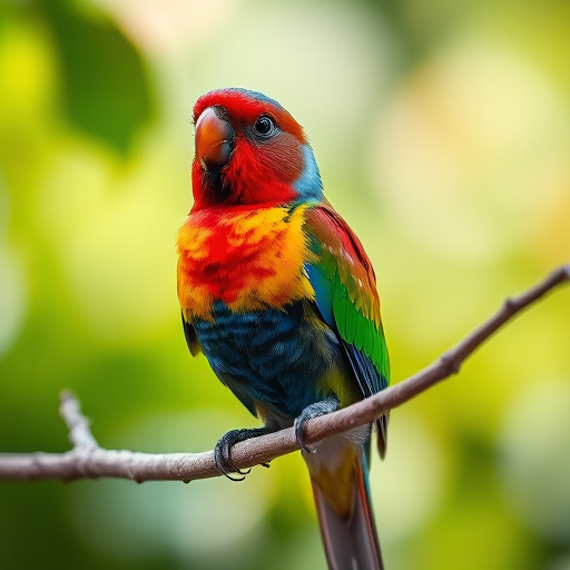 Regenerate a vibrant image of a colorful bird perched on a branch, captured in natural light with a shallow depth of field, using a DSLR camera with a 50mm lens at f/2.8, ISO 200, and an aperture of 4.5, focusing on the bird's features against a blurred green background.