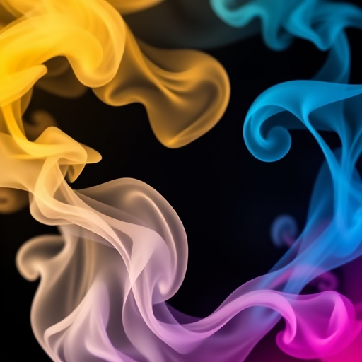 Regenerate a vibrant smoke pattern with swirling colors of yellow, blue, and pink on a black background, using a DSLR camera set to f/8, ISO 100, and a shutter speed of 1/60 sec, with a macro lens for close-up detail and a soft focus effect for artistic enhancement.