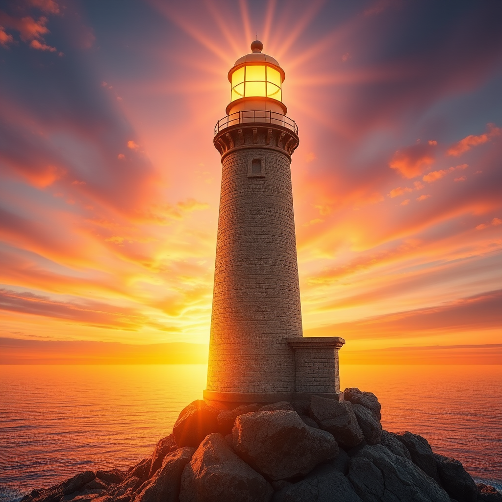 Generate an image of a tall lighthouse perched on a rocky outcrop surrounded by calm ocean waters during a breathtaking sunset. The lighthouse stands sturdy and weathered, its stone surface illuminated by the warm golden light of the setting sun. The sun's rays pass directly through the glass lantern room at the top of the lighthouse, casting a brilliant light across the scene. The sky is painted with vibrant shades of orange, pink, and purple, reflecting off the tranquil sea. The surrounding water shimmers with the same warm hues, creating a serene and majestic atmosphere.