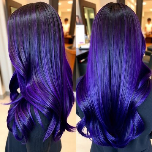 Regal deep purple to indigo ombre flows from dark roots to jewel-toned ends, styled in sleek straight strands with a glass-like shine