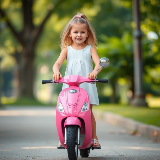 Regenerate the image of a young girl standing on a pink scooter in an outdoor setting, use a shallow depth of field, 50mm lens, f/1.8 aperture, ISO 200, soft natural lighting, framed with a focus on the subject and blurred background.