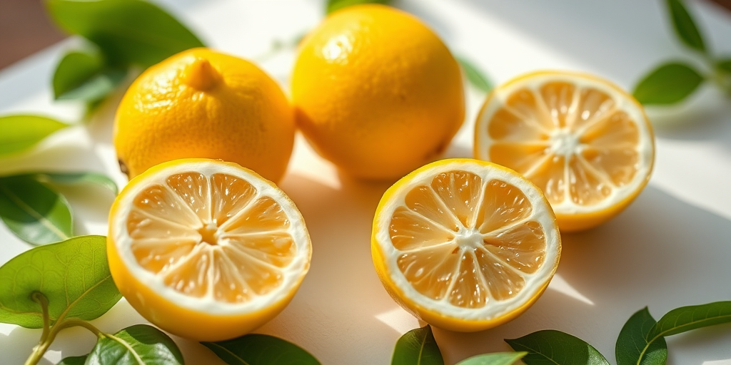 four fresh lemons, two whole and two halved, on a white surface with green leaves, natural light, shallow depth of field, macro lens, DSLR camera, f/2.8 aperture, ISO 100, 1/60s shutter speed, vibrant colors.